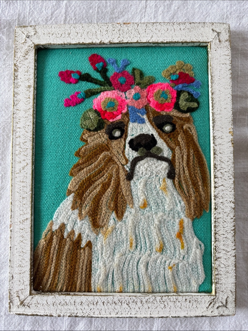 Karma Living needlepoint, Cavalier King Charles blonde spaniel w/flower wreath